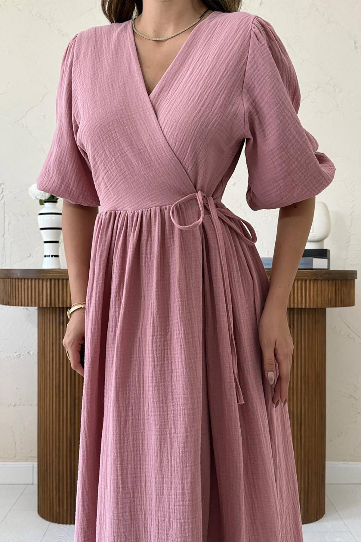 Toptan Pudra Müslin Uzun Elbise