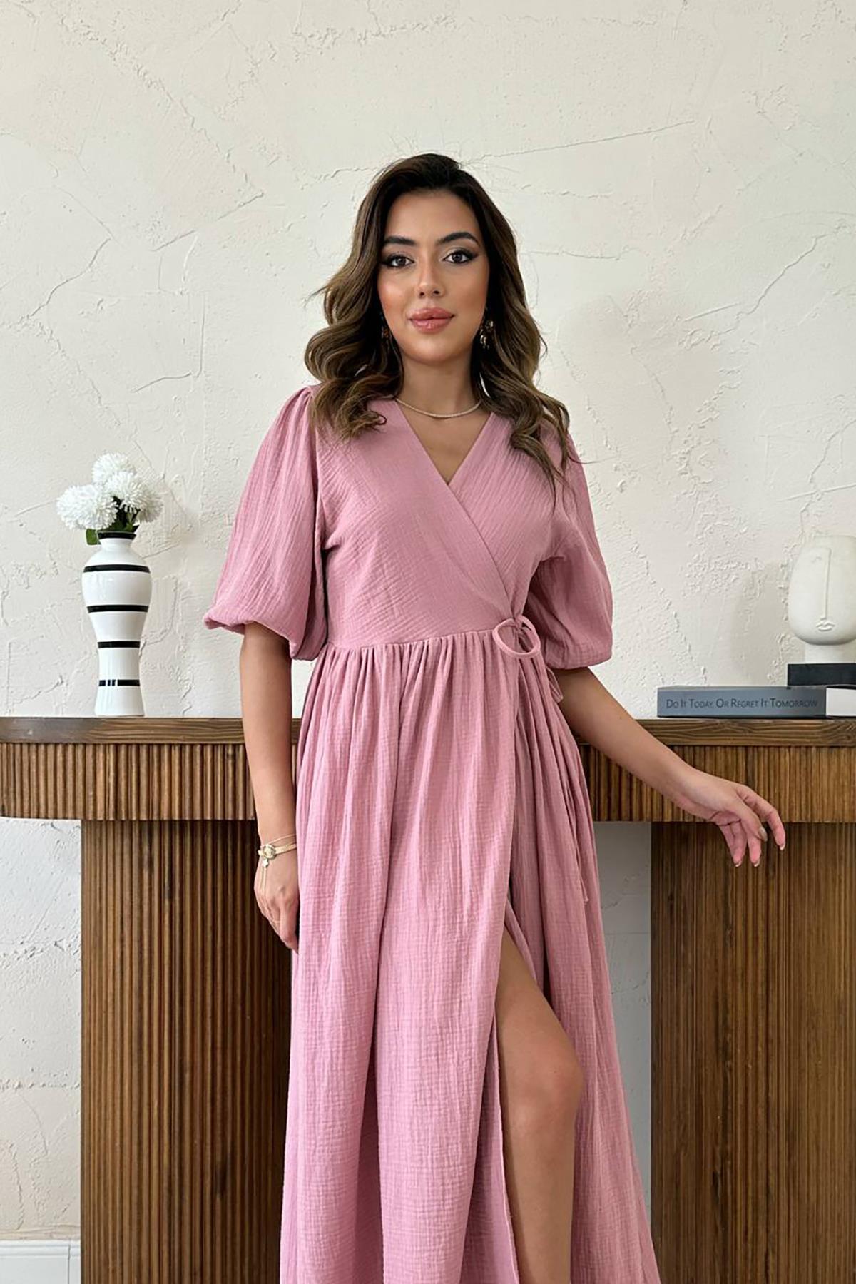 Toptan Pudra Müslin Uzun Elbise