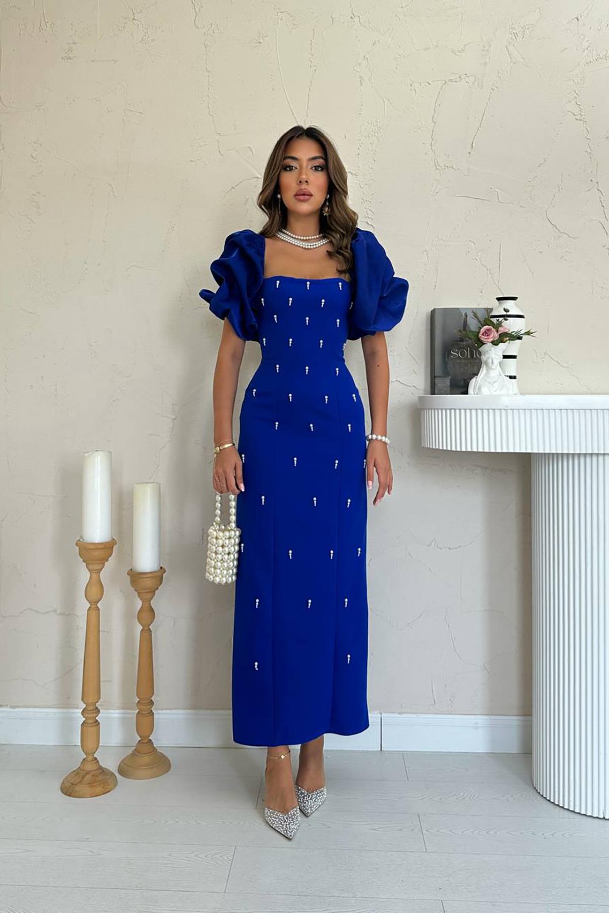 Toptan Saks İşlemeli Kolu Garnili Elbise Saks L