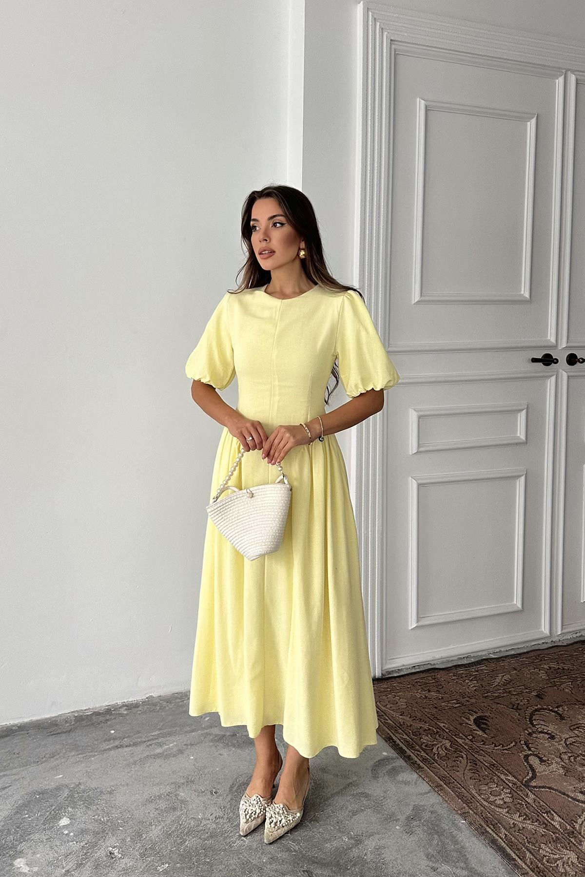 Toptan Sarı Arkadan Bağlamalı Büzgülü Keten Elbise