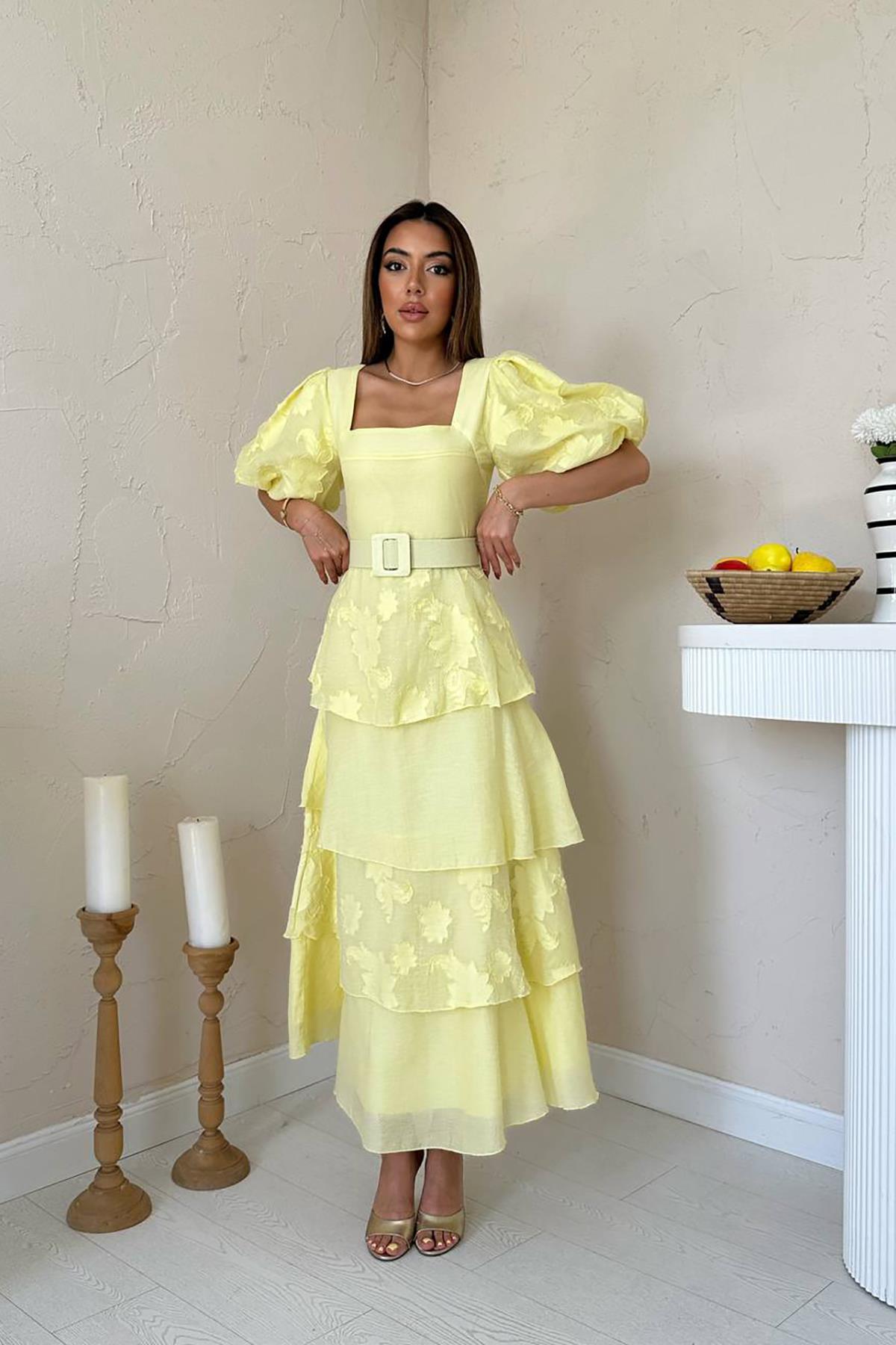 Toptan Sarı Balon Kollu Kat Kat Elbise Sarı L