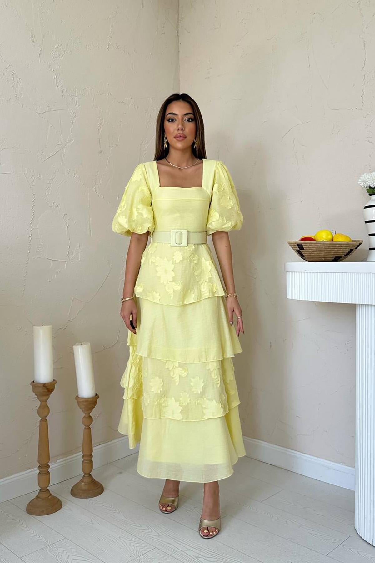 Toptan Sarı Balon Kollu Kat Kat Elbise