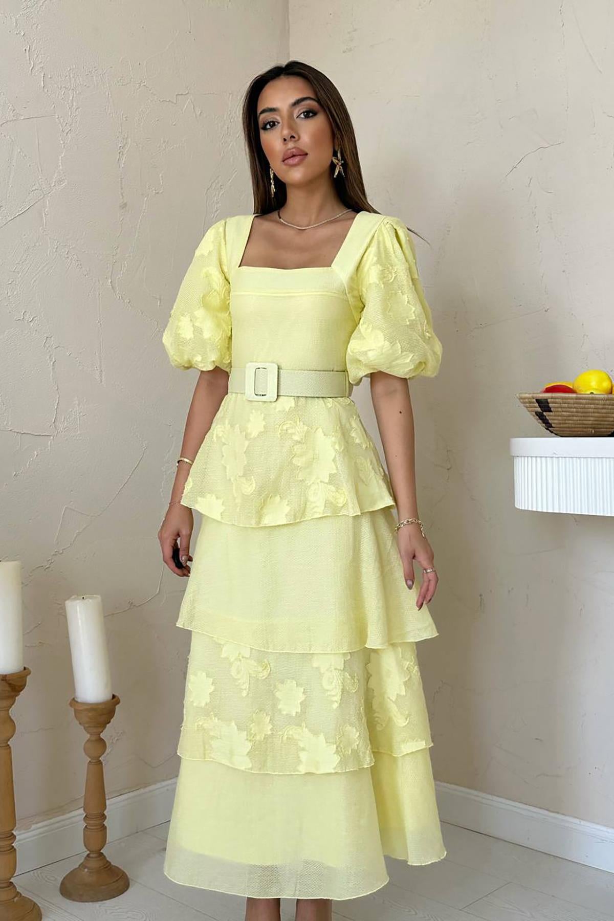 Toptan Sarı Balon Kollu Kat Kat Elbise