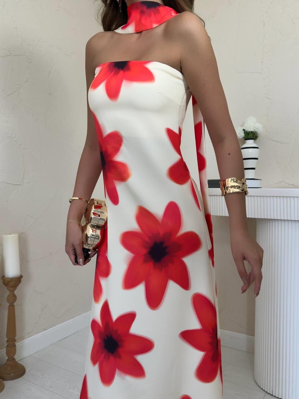 Toptan Sarı Boyundan Fularlı Elbise