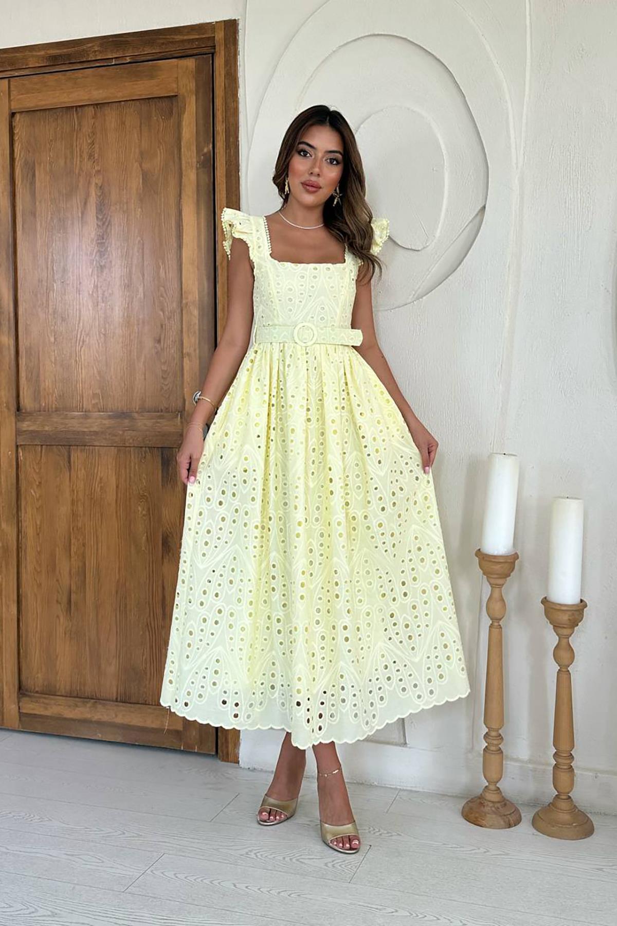 Toptan Sarı Dantelli Brode Elbise Sarı L