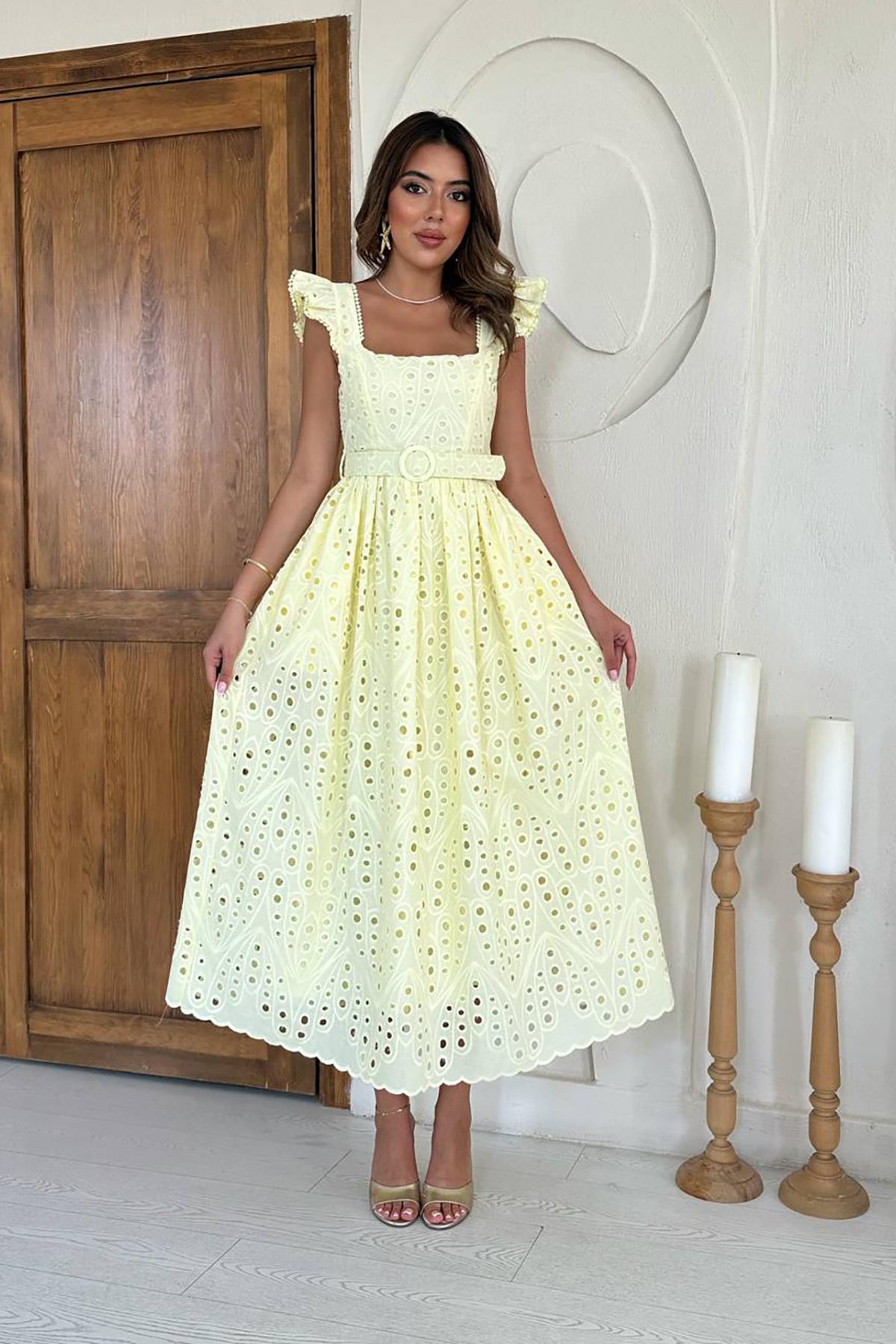 Toptan Sarı Dantelli Brode Elbise