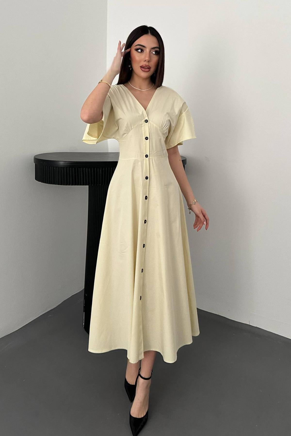 Toptan Sarı Düğmeli Midi Boy Poplin Elbise