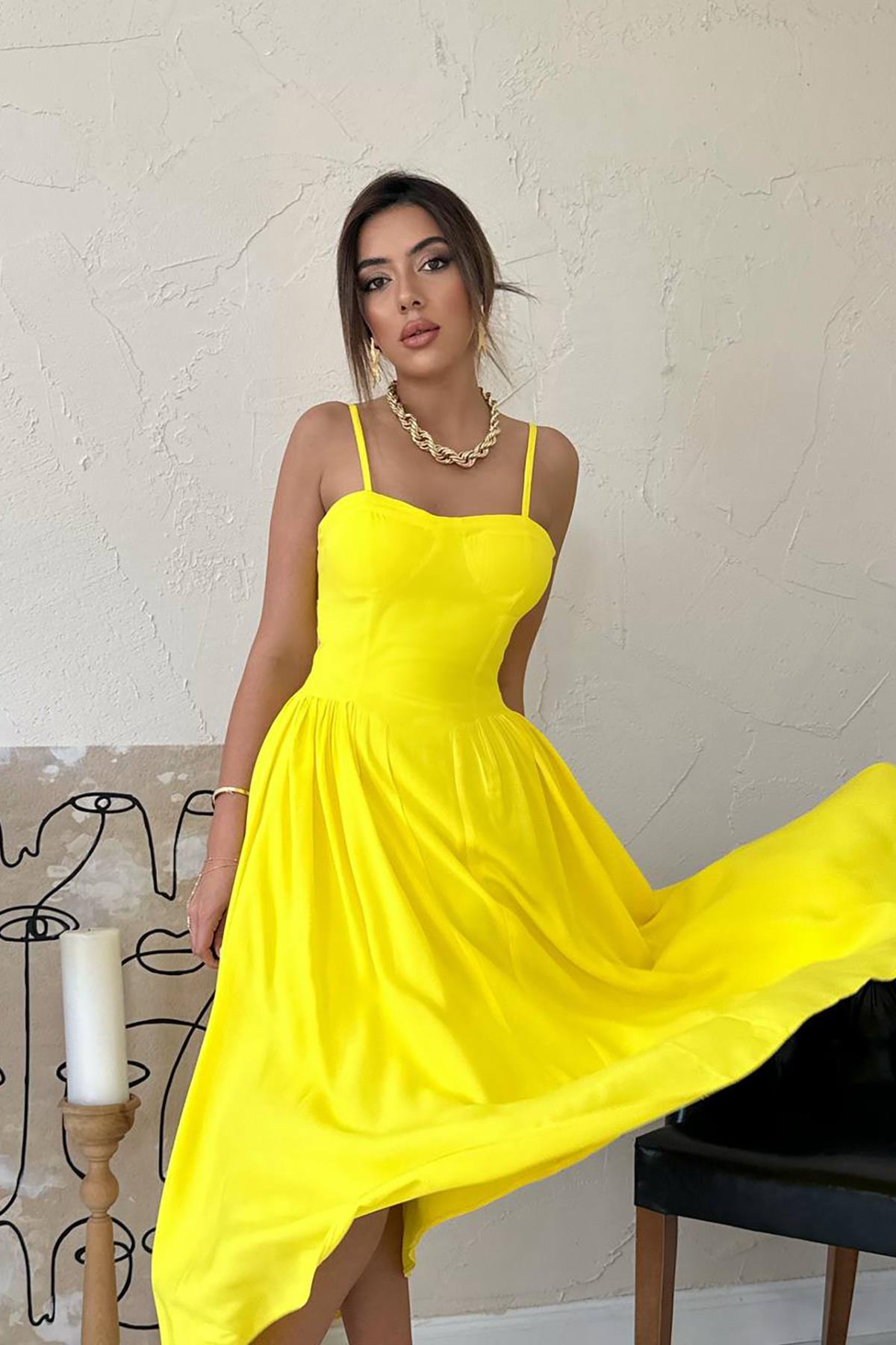 Toptan Sarı Göğüs Kuplu Uzun Büzgülü Elbise