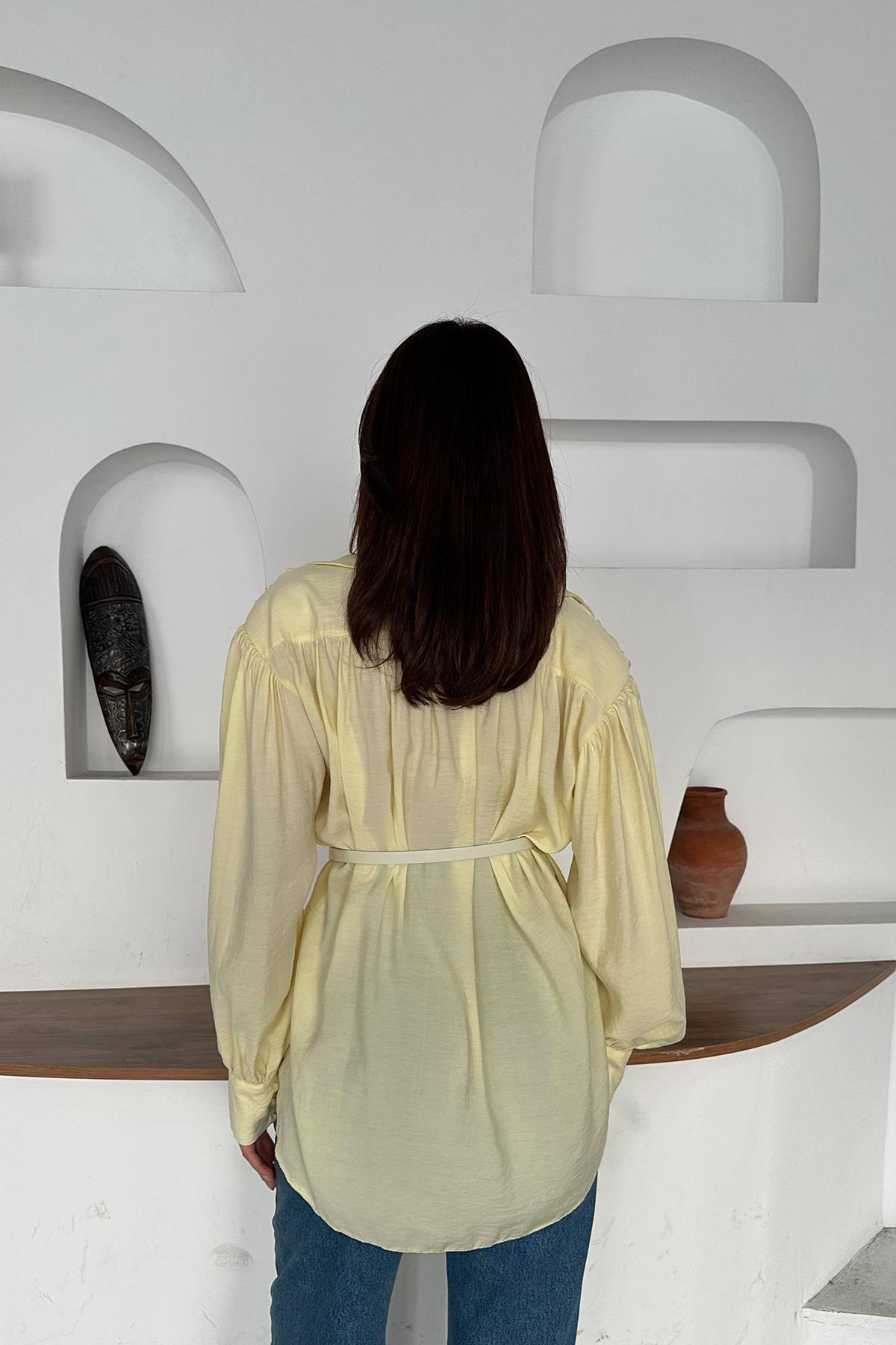 Toptan Sarı Kemer Detaylı Modal Gömlek