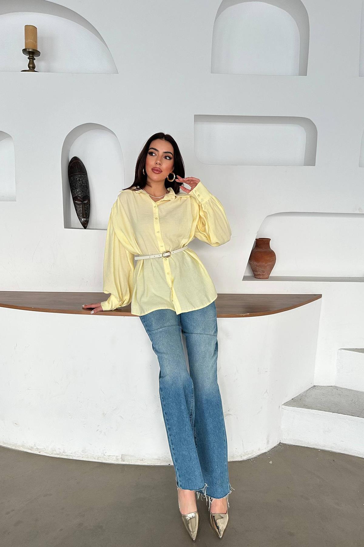 Toptan Sarı Kemer Detaylı Modal Gömlek