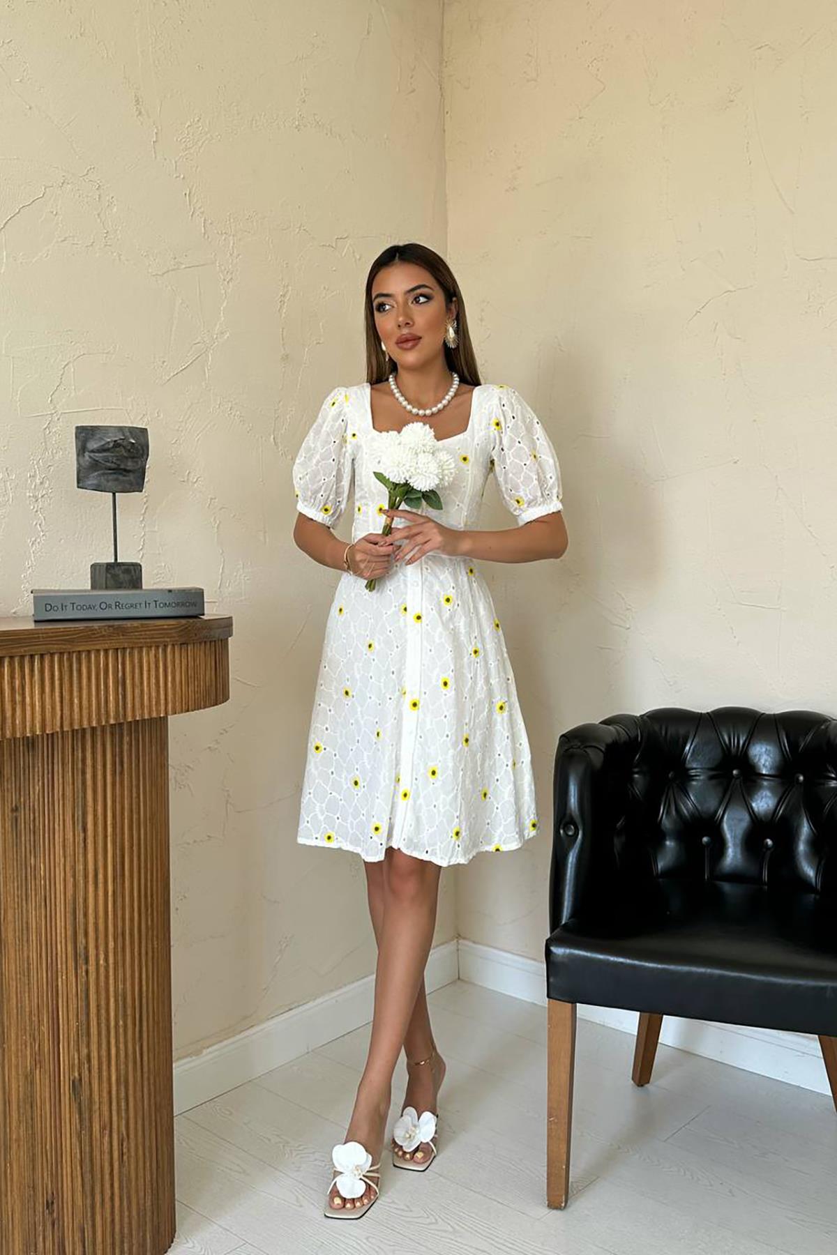 Toptan Sarı Kemerli Kare Yaka Elbise Sarı L