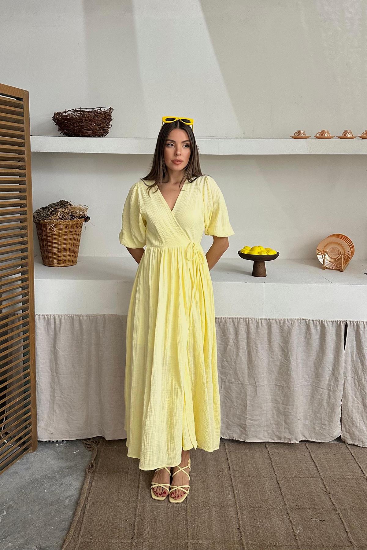 Toptan Sarı Müslin Uzun Elbise Sarı L