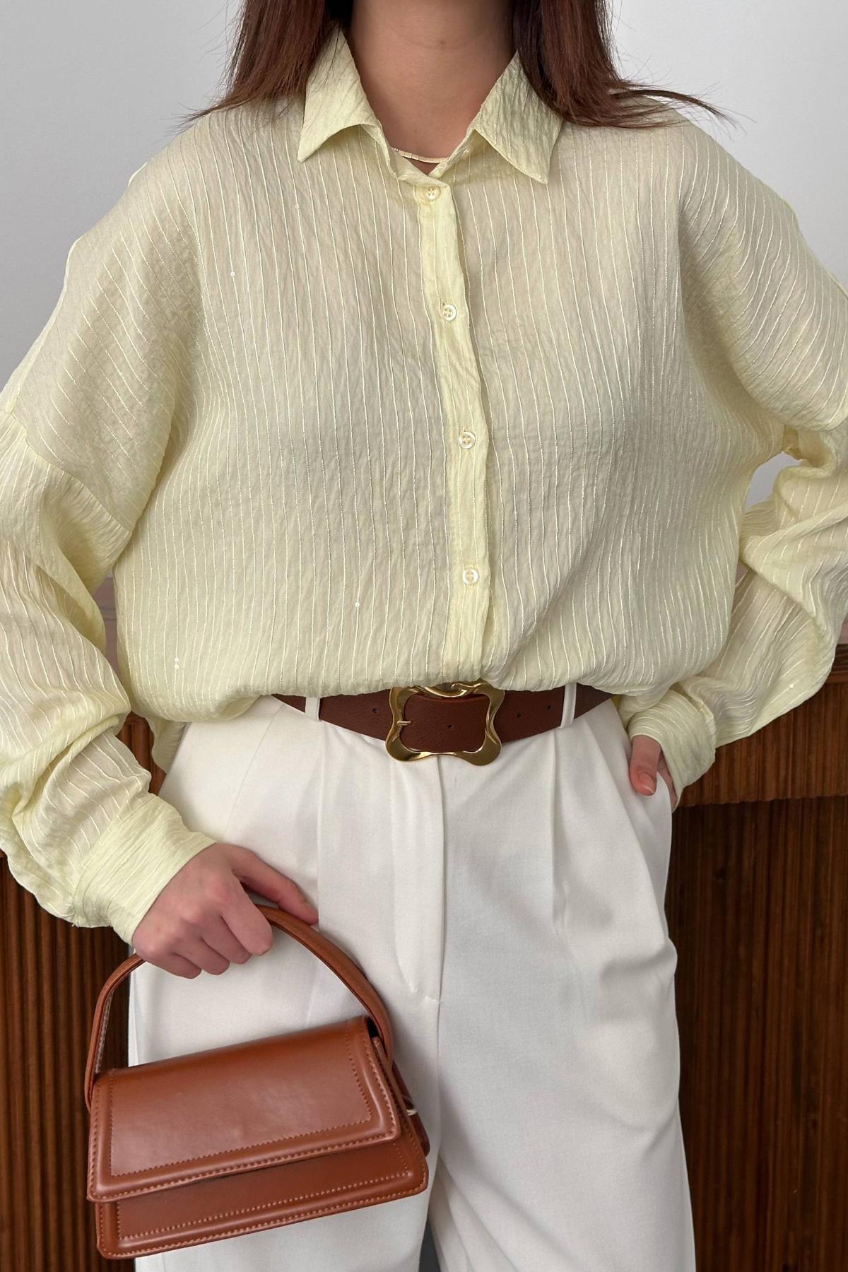 Sarı Nakışlı Oversize Gömlek
