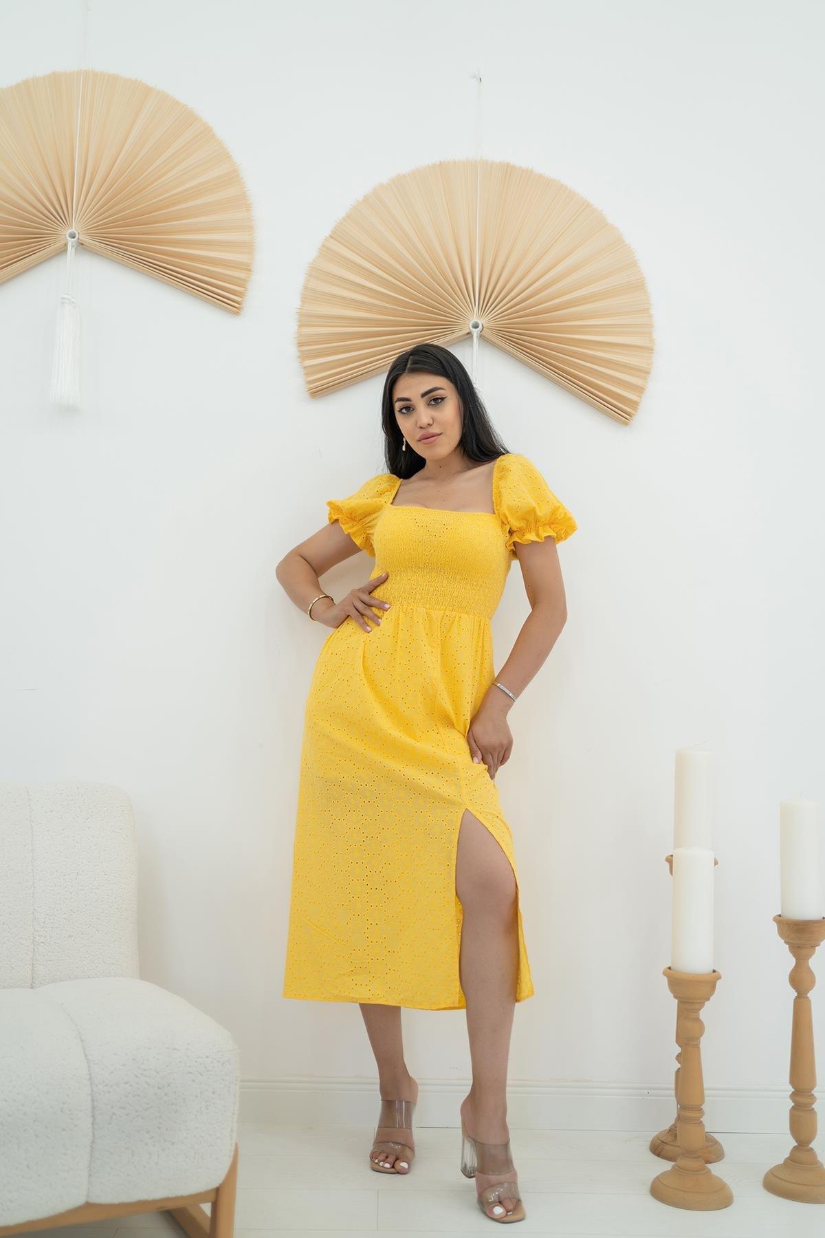 Toptan Sarı Tokalı Fisto Elbise Sarı L