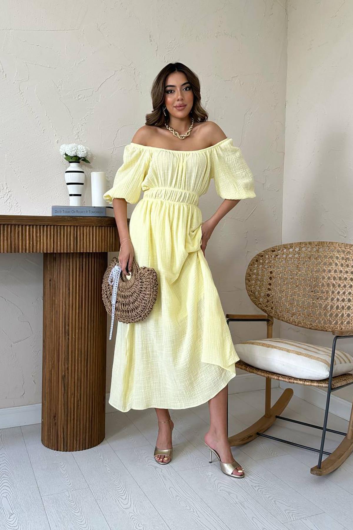 Toptan Sarı Yakası Büzgülü Müslin Keten Elbise Sarı L