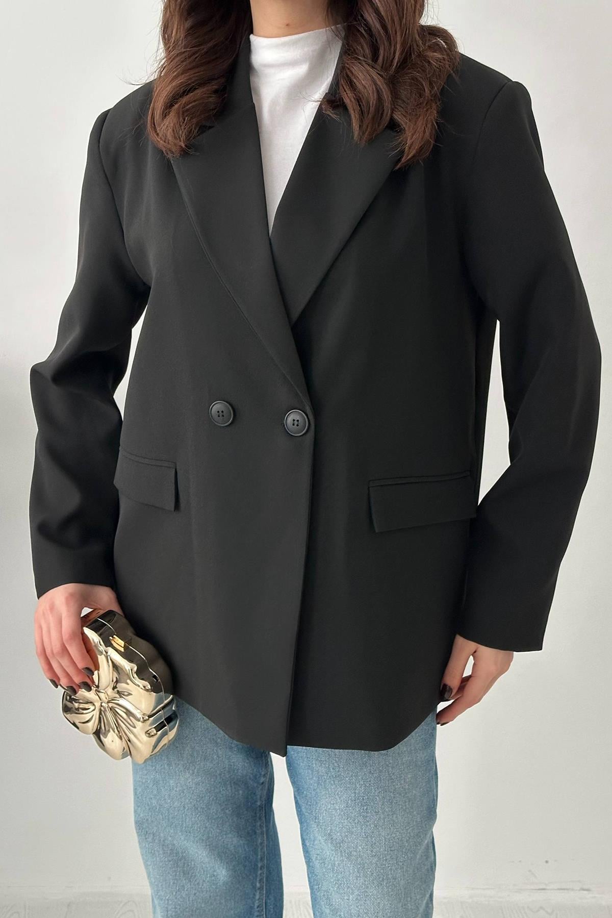 Siyah 2 Düğmeli Blazer Ceket