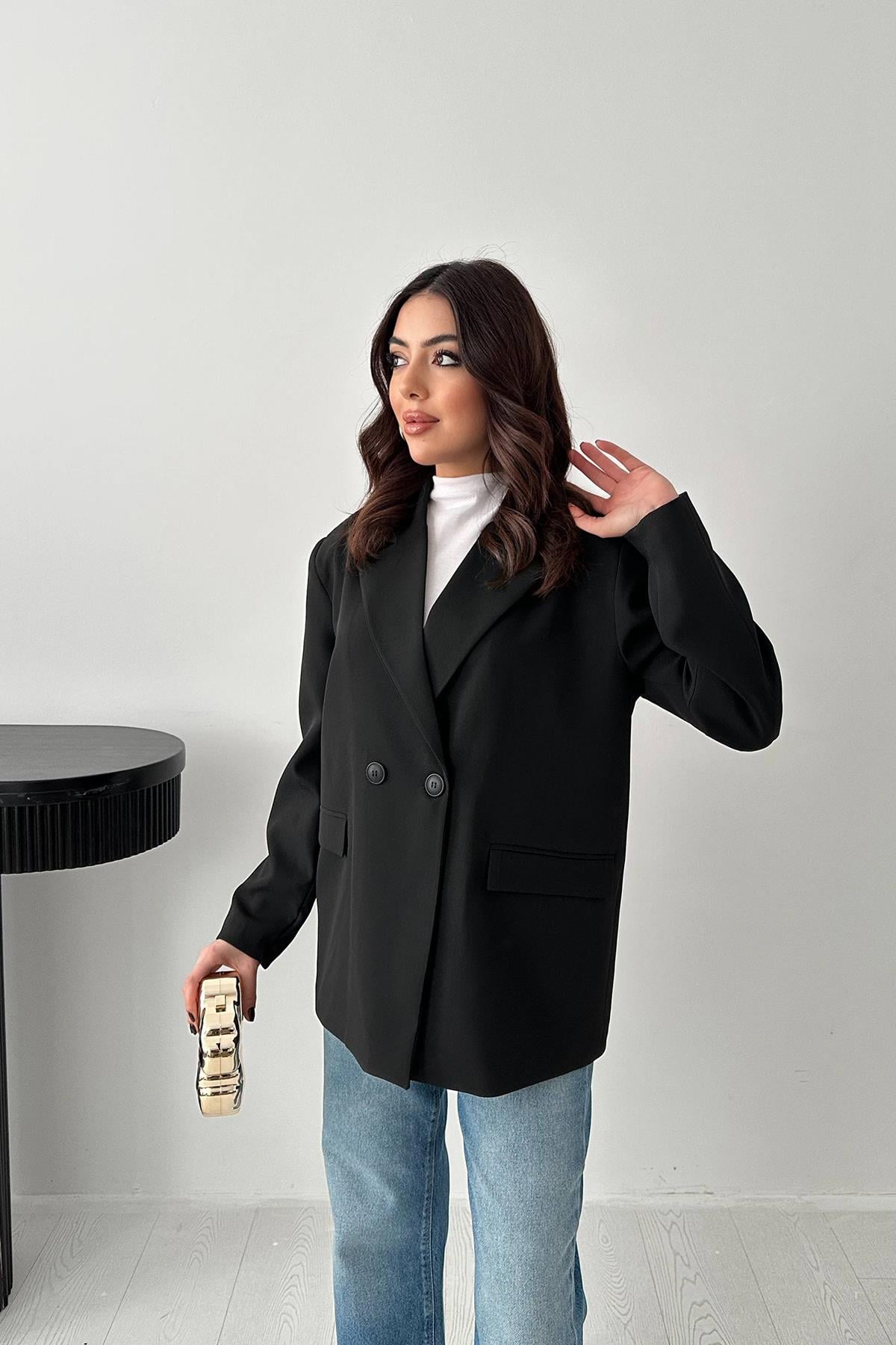 Siyah 2 Düğmeli Blazer Ceket