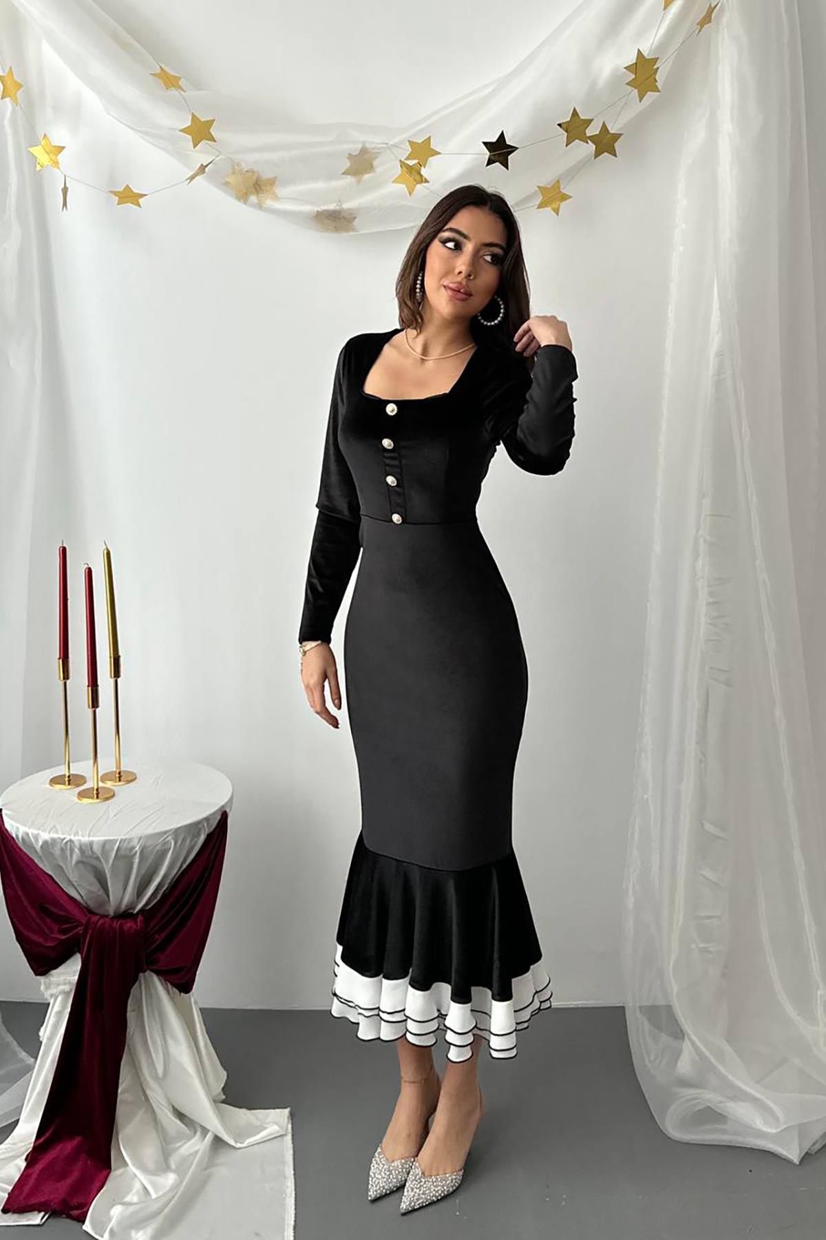 Toptan Siyah Alt Eteği Volanlı Kadife Elbise Siyah L