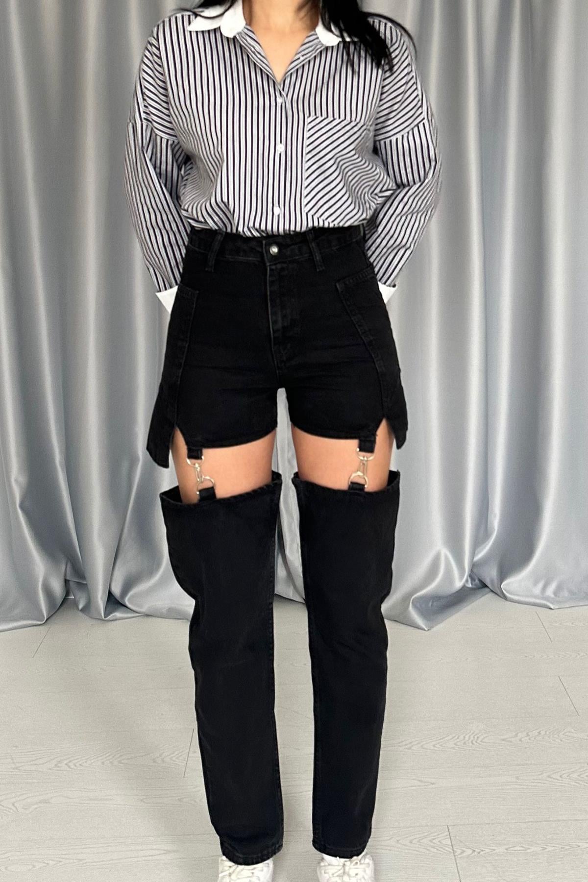 Siyah Askılı İki Parça Jeans Pantolon