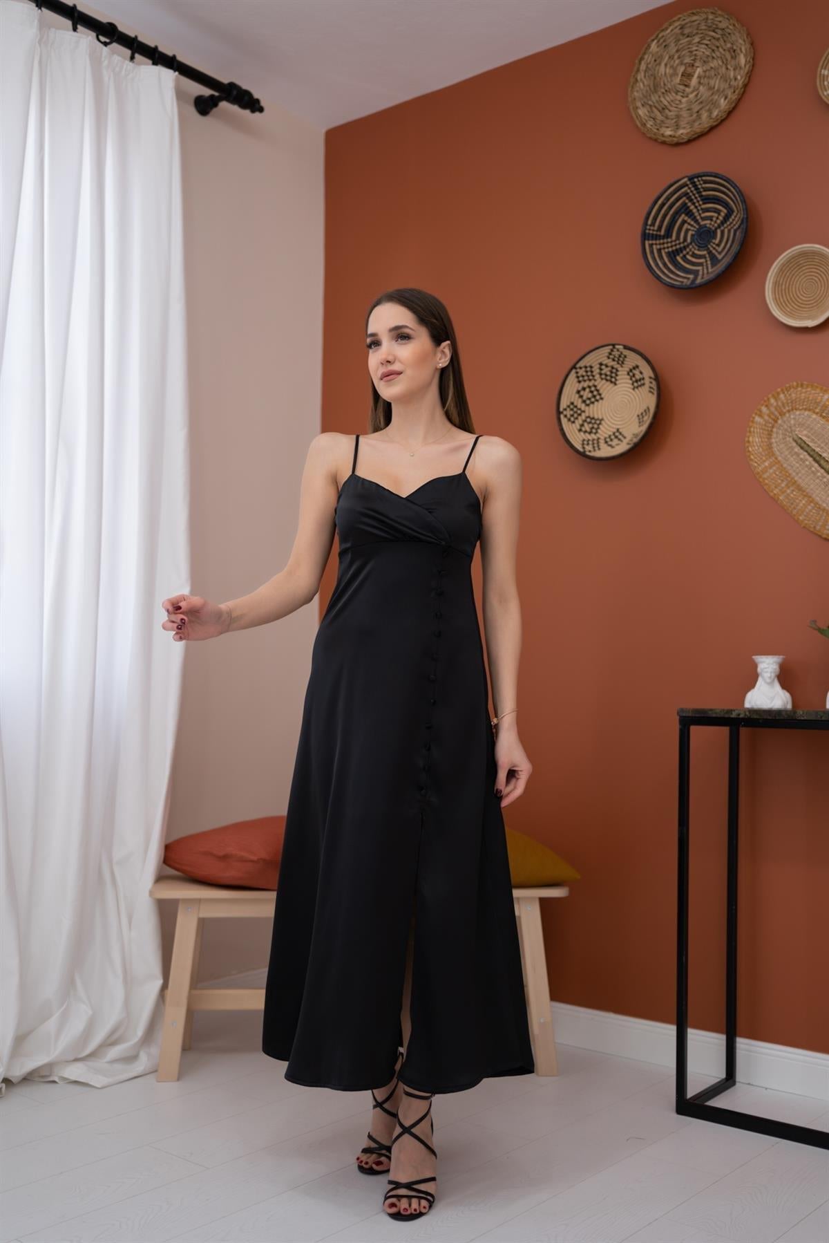 Toptan Siyah Askılı Saten Elbise