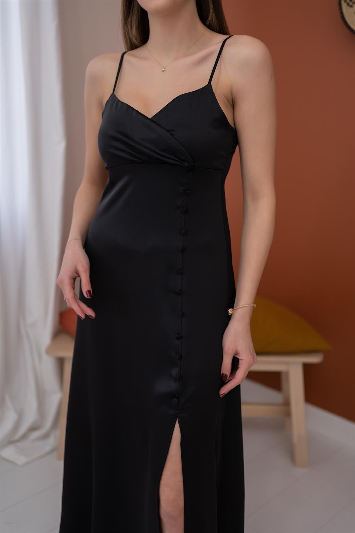 Toptan Siyah Askılı Saten Elbise