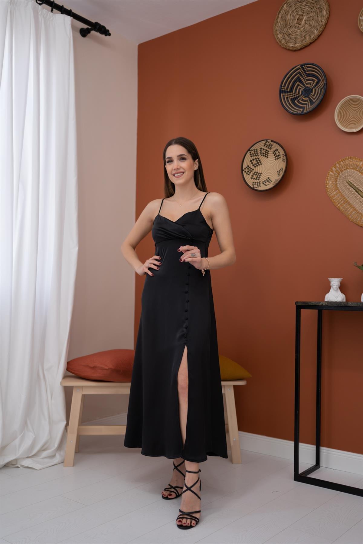 Toptan Siyah Askılı Saten Elbise Siyah L