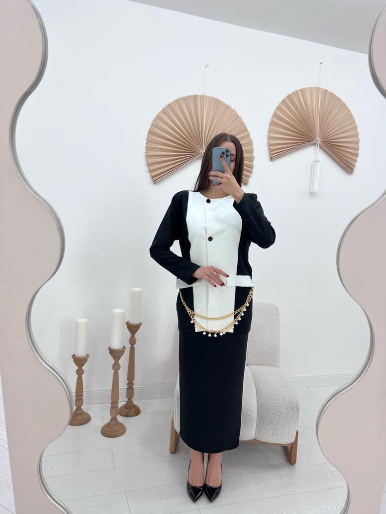 Toptan Siyah Atlas Kumaş Garnili Ceket Ve Etek Takım Siyah L