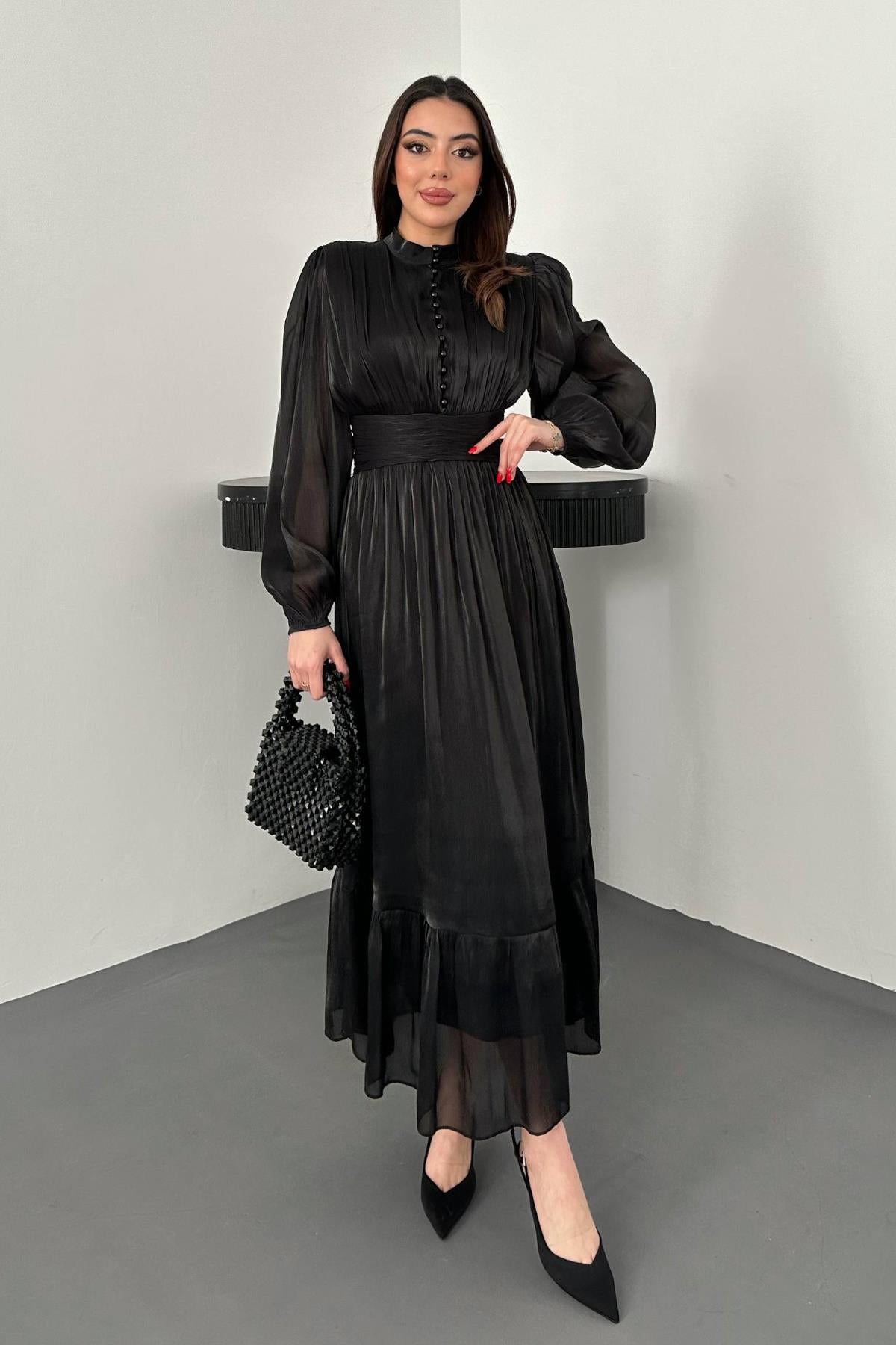 Toptan Siyah Bel Büzgülü Elbise