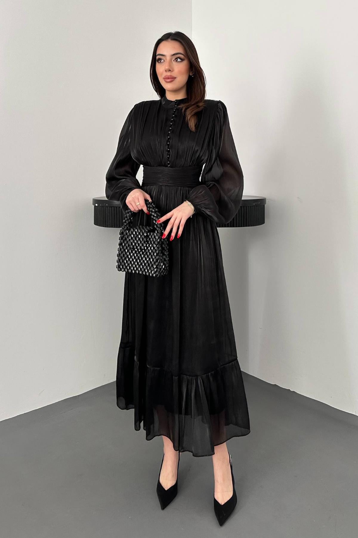 Toptan Siyah Bel Büzgülü Elbise