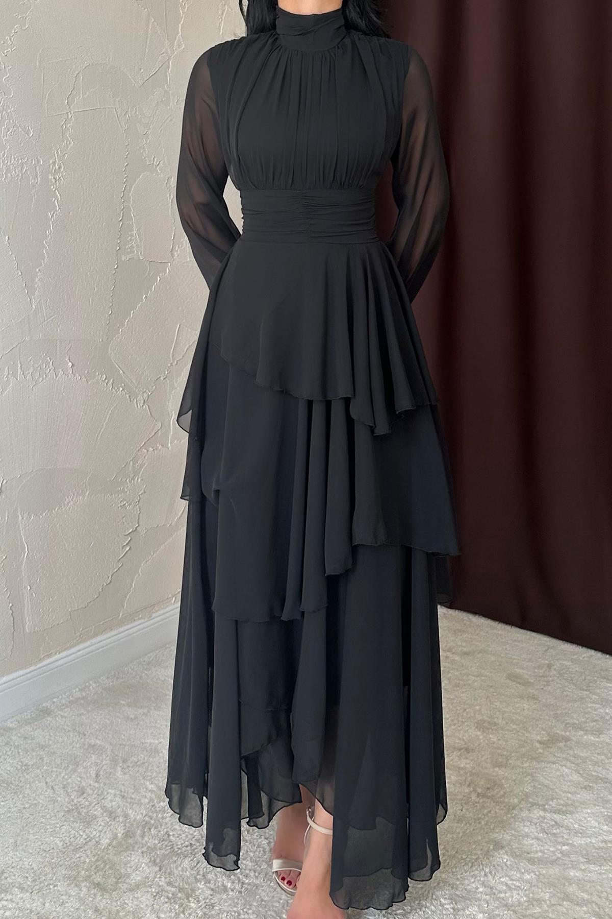 Toptan Siyah Bel Detaylı Elbise