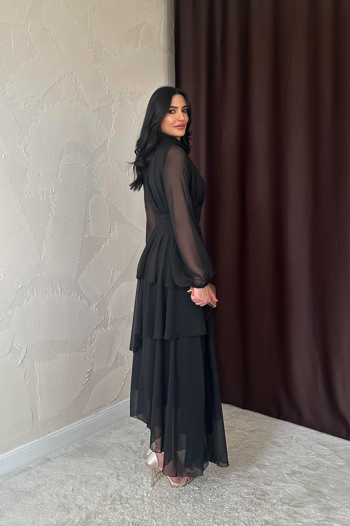 Toptan Siyah Bel Detaylı Elbise