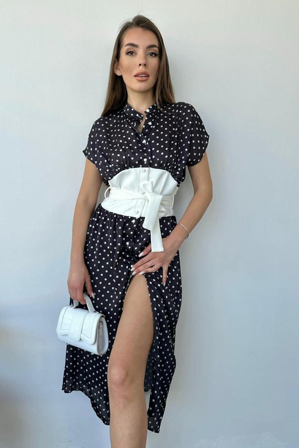 Toptan Siyah Belden Kemerli Puantiyeli Elbise