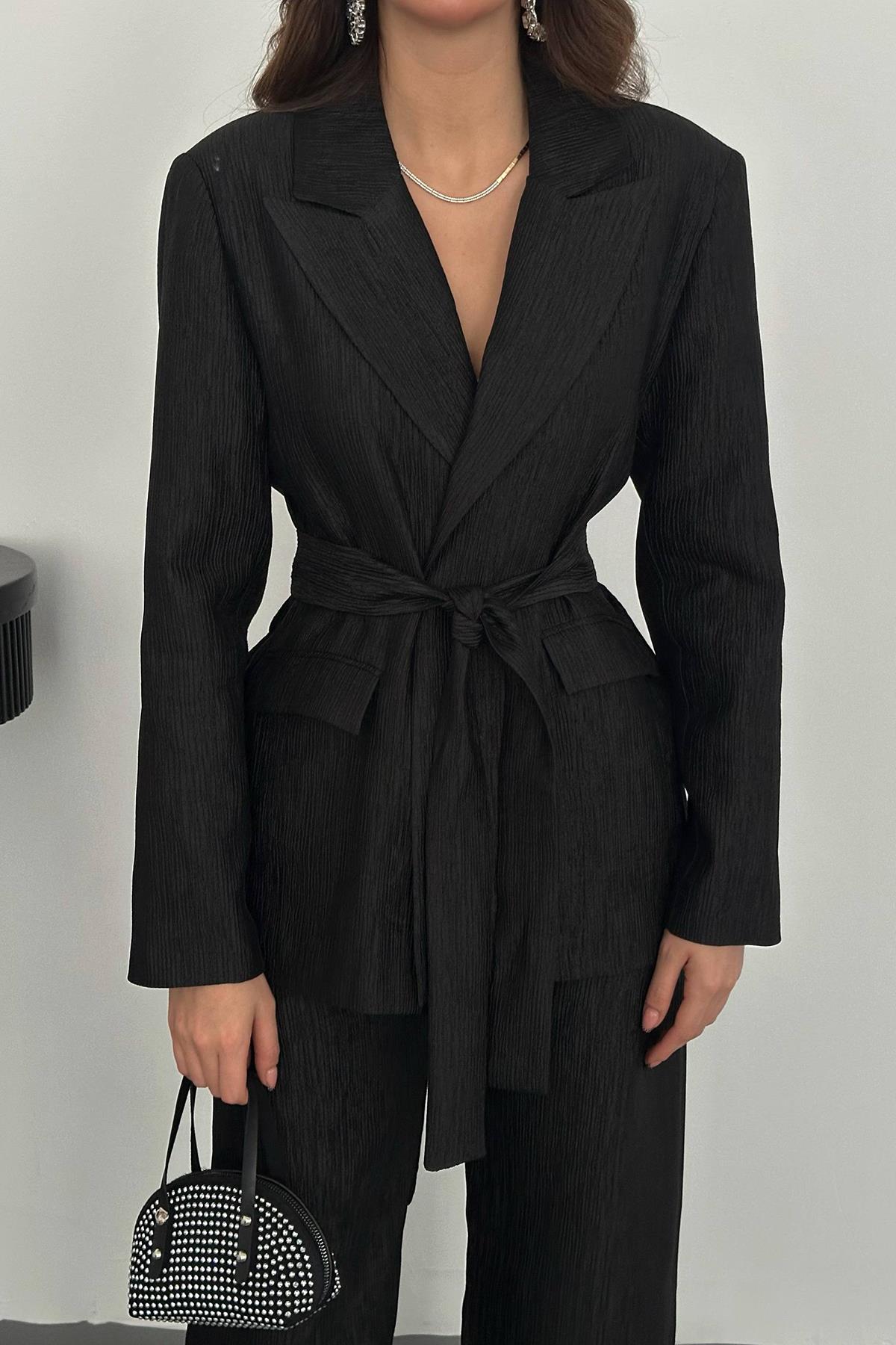 Toptan Siyah Beli Kuşaklı Ceket Ve Pantolon Parlak Takım