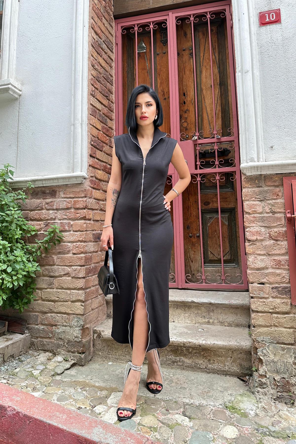 Toptan Siyah Boydan Fermuarlı Kolsuz Elbise Siyah L