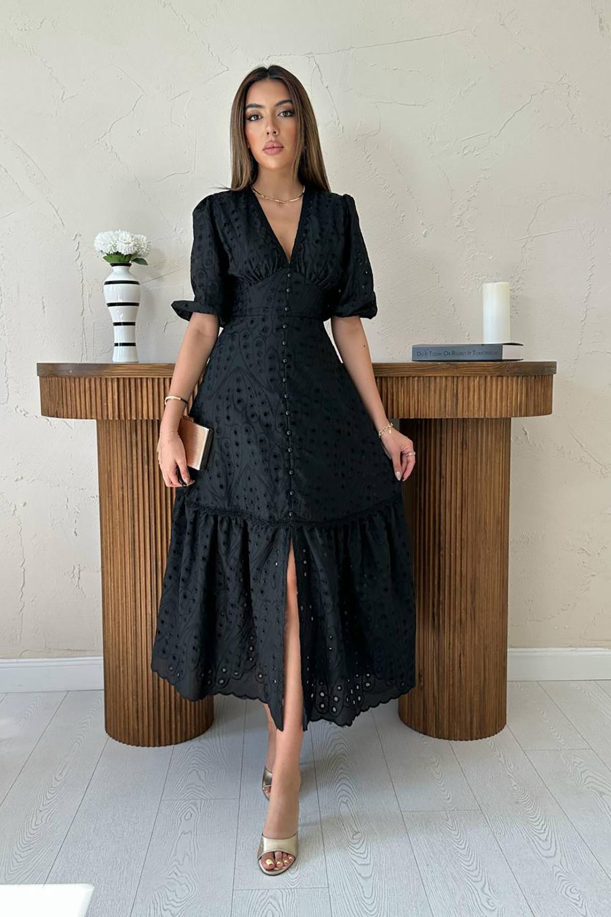 Toptan Siyah Büzgü Detaylı Dantelli Brode Elbise Siyah L