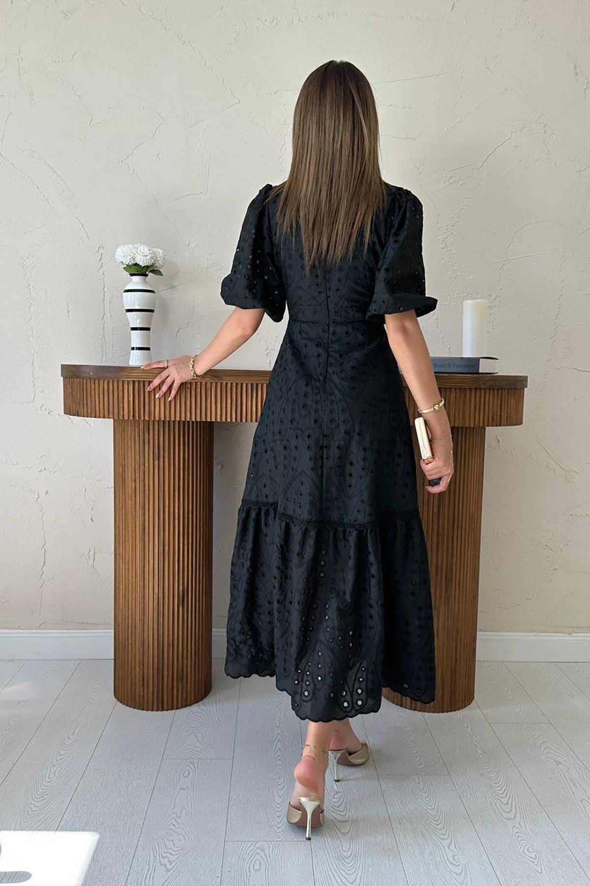 Toptan Siyah Büzgü Detaylı Dantelli Brode Elbise