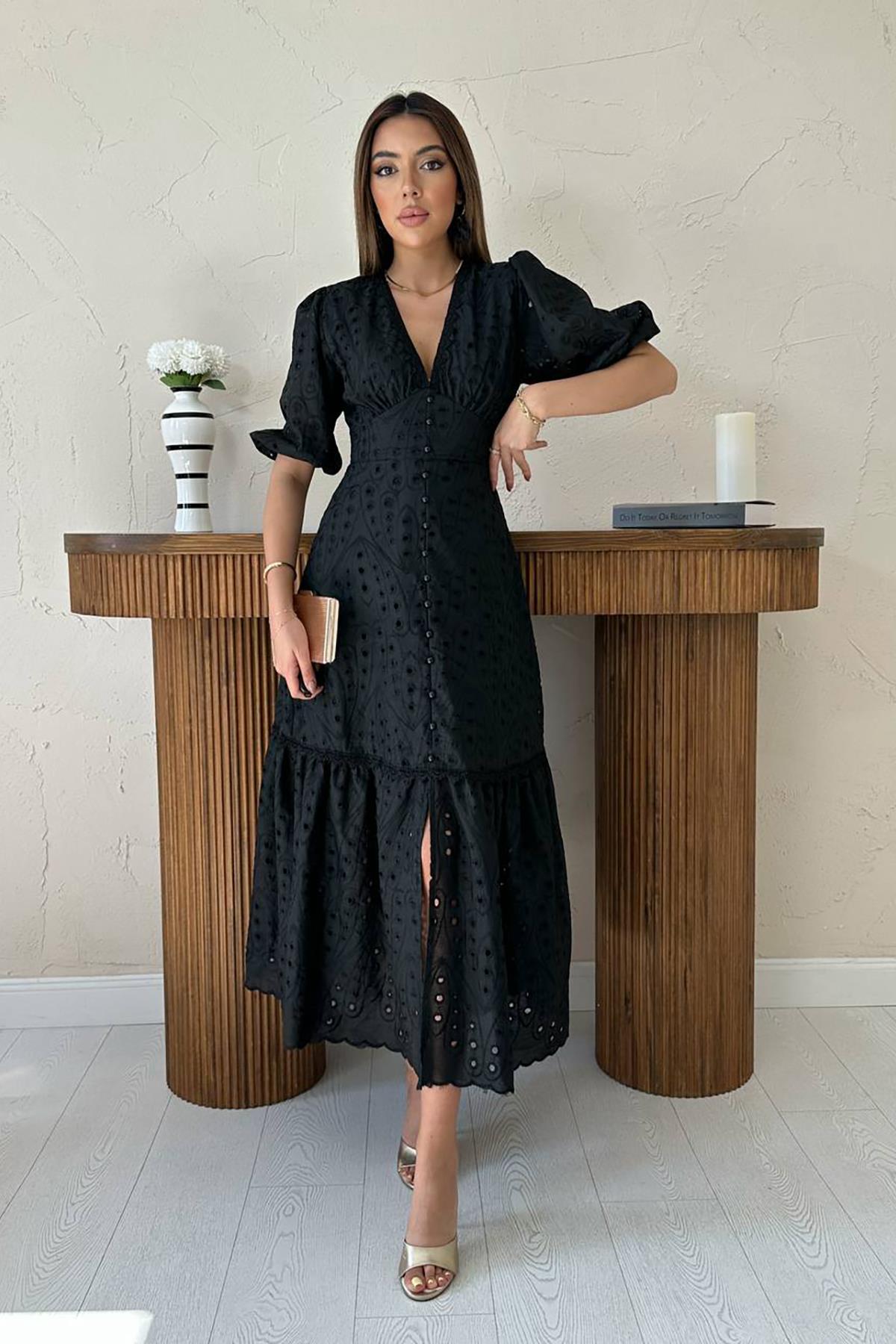 Toptan Siyah Büzgü Detaylı Dantelli Brode Elbise