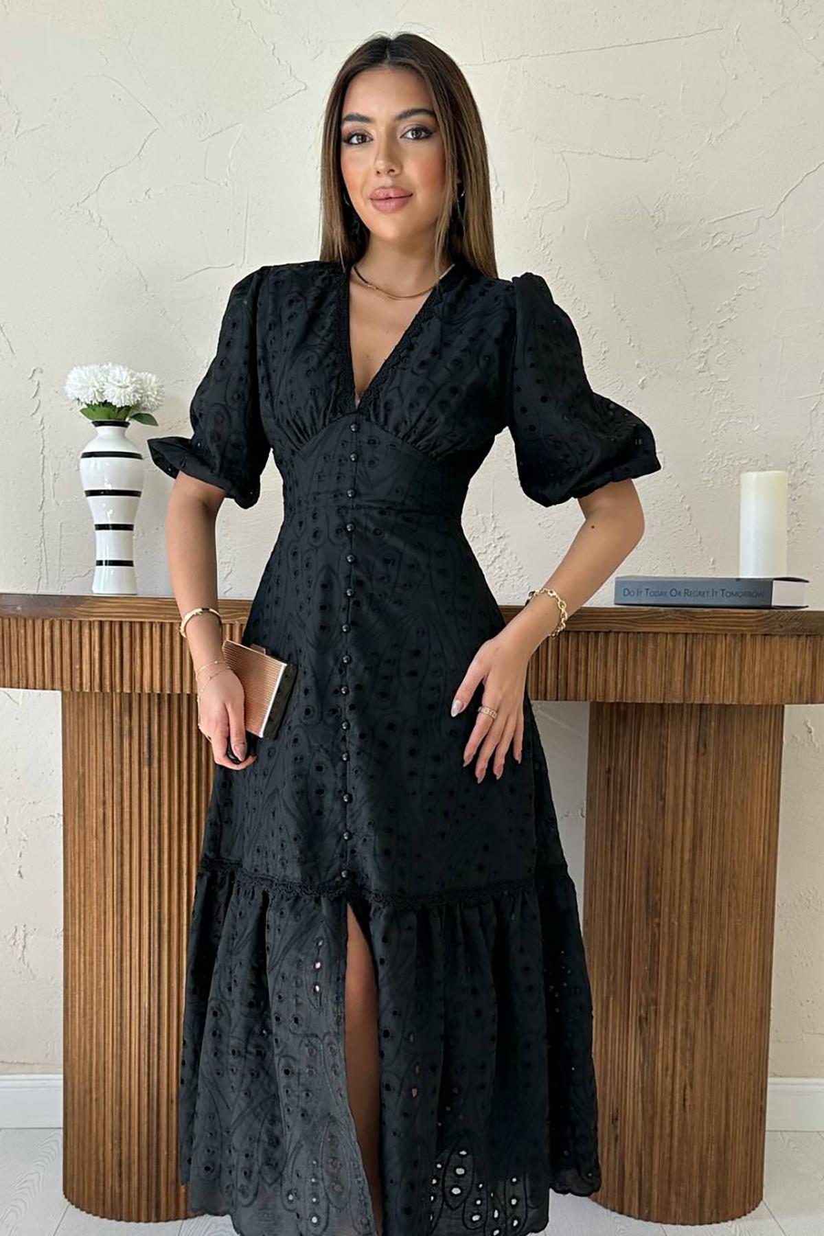 Toptan Siyah Büzgü Detaylı Dantelli Brode Elbise