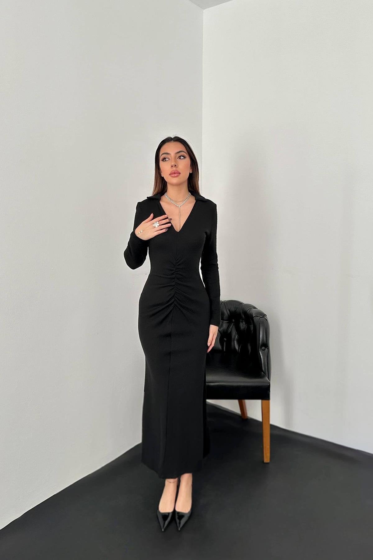 Toptan Siyah Büzgülü Triko Balık Elbise