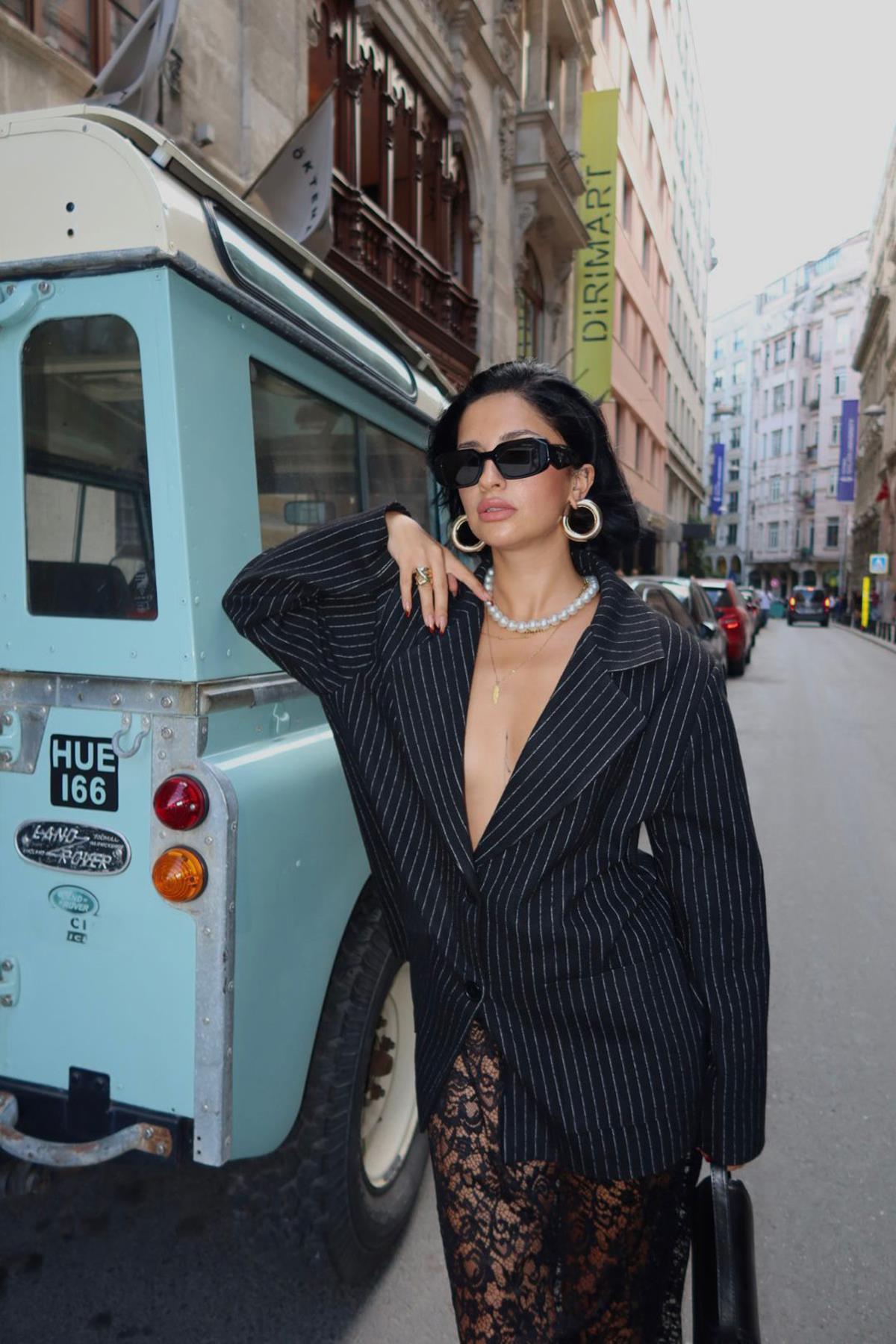 Toptan Siyah Çizgili Oversize Ceket