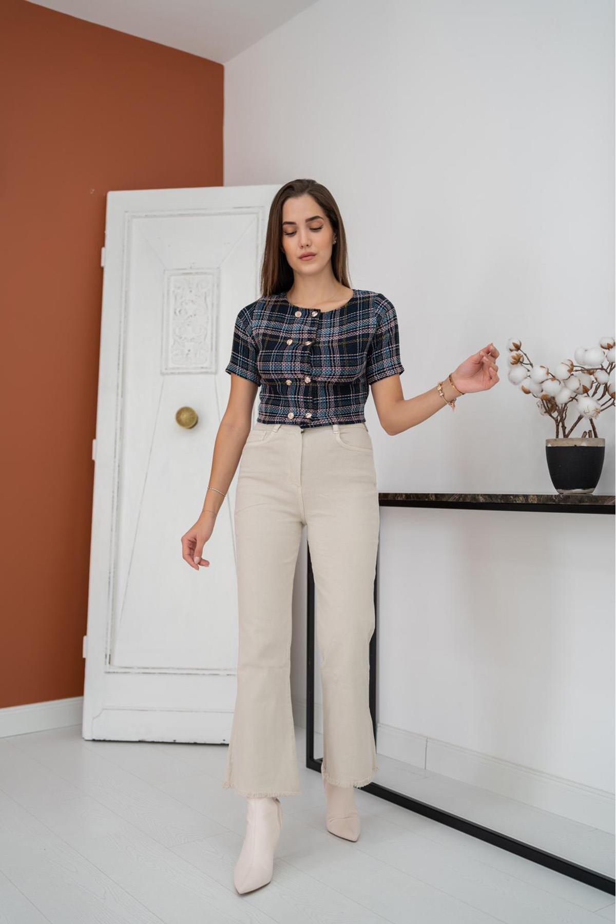 Toptan Siyah Çizgili Ve Düğmeli Bluz Siyah L