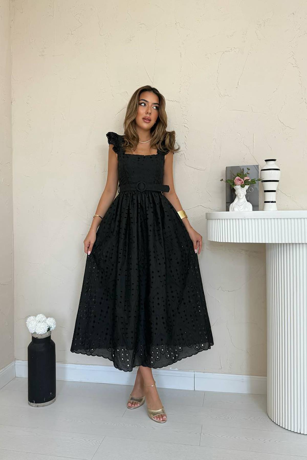 Toptan Siyah Dantelli Brode Elbise Siyah L