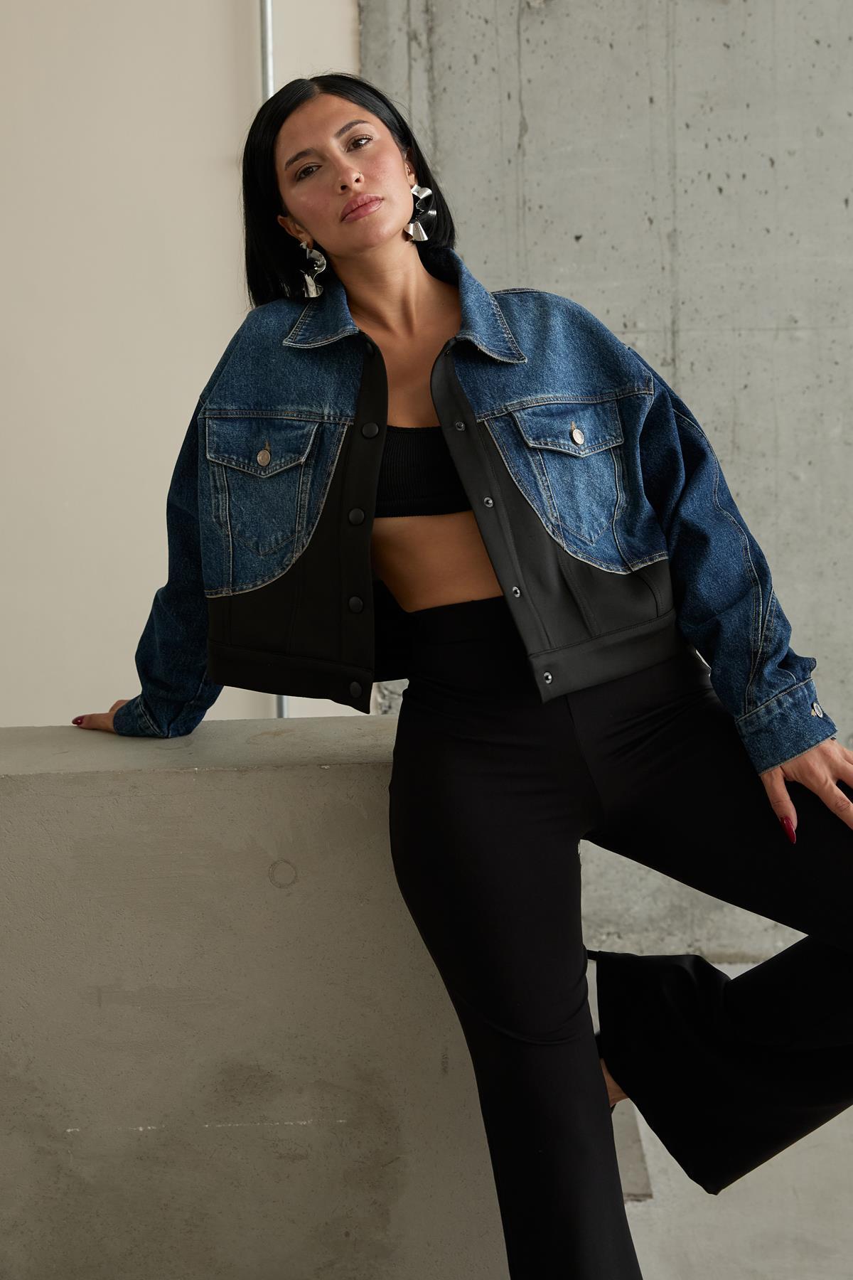 Toptan Siyah Denim Scuba Garnili Ceket