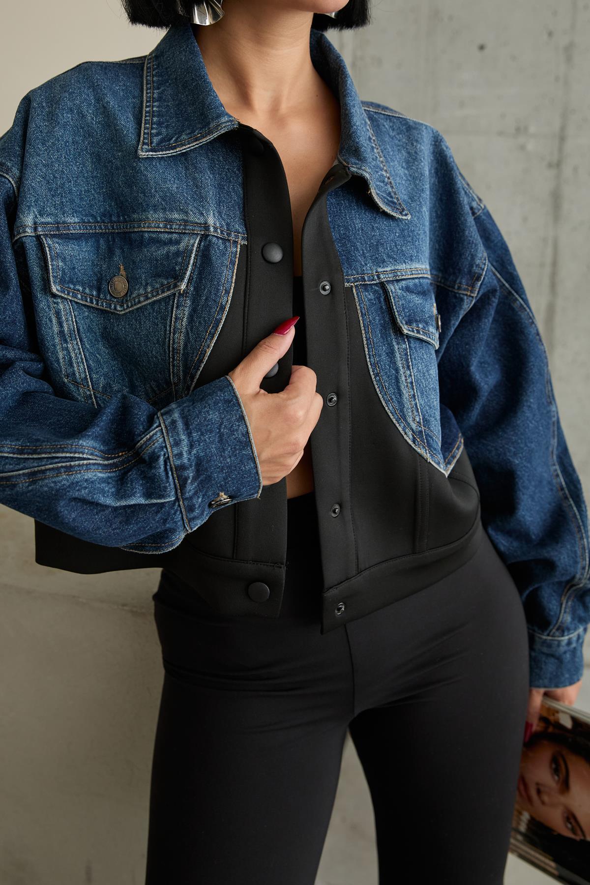 Toptan Siyah Denim Scuba Garnili Ceket