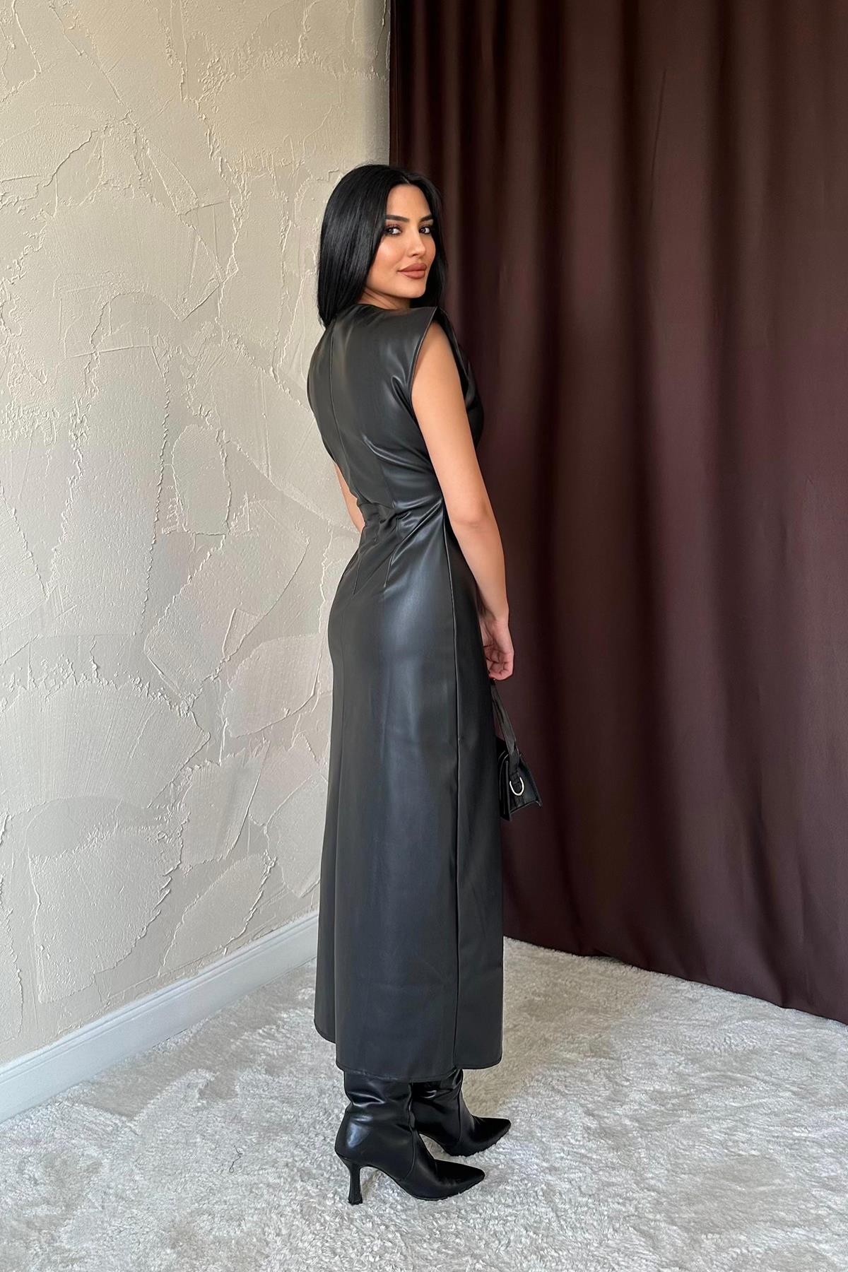Toptan Siyah Deri Düğümlü Elbise