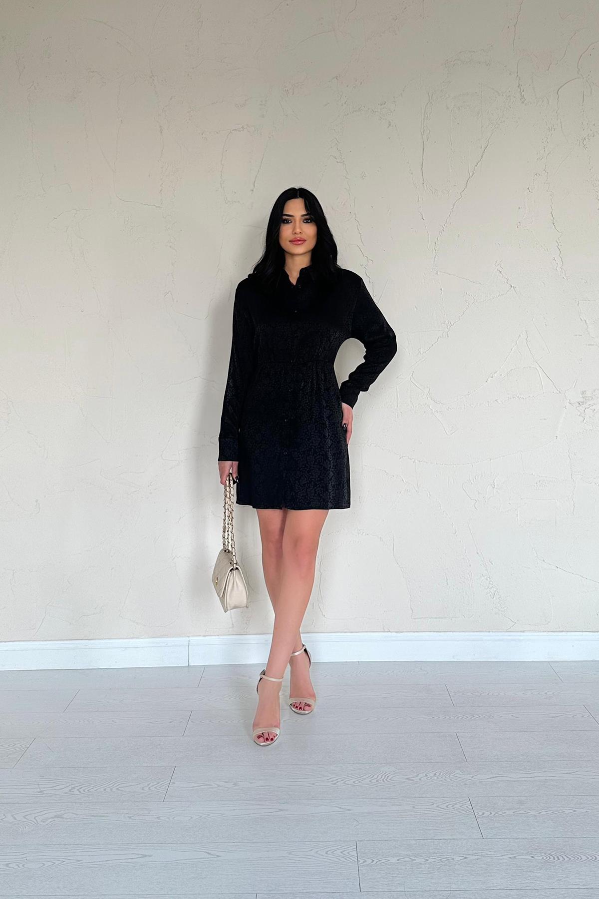 Toptan Siyah Desenli Jakar Elbise