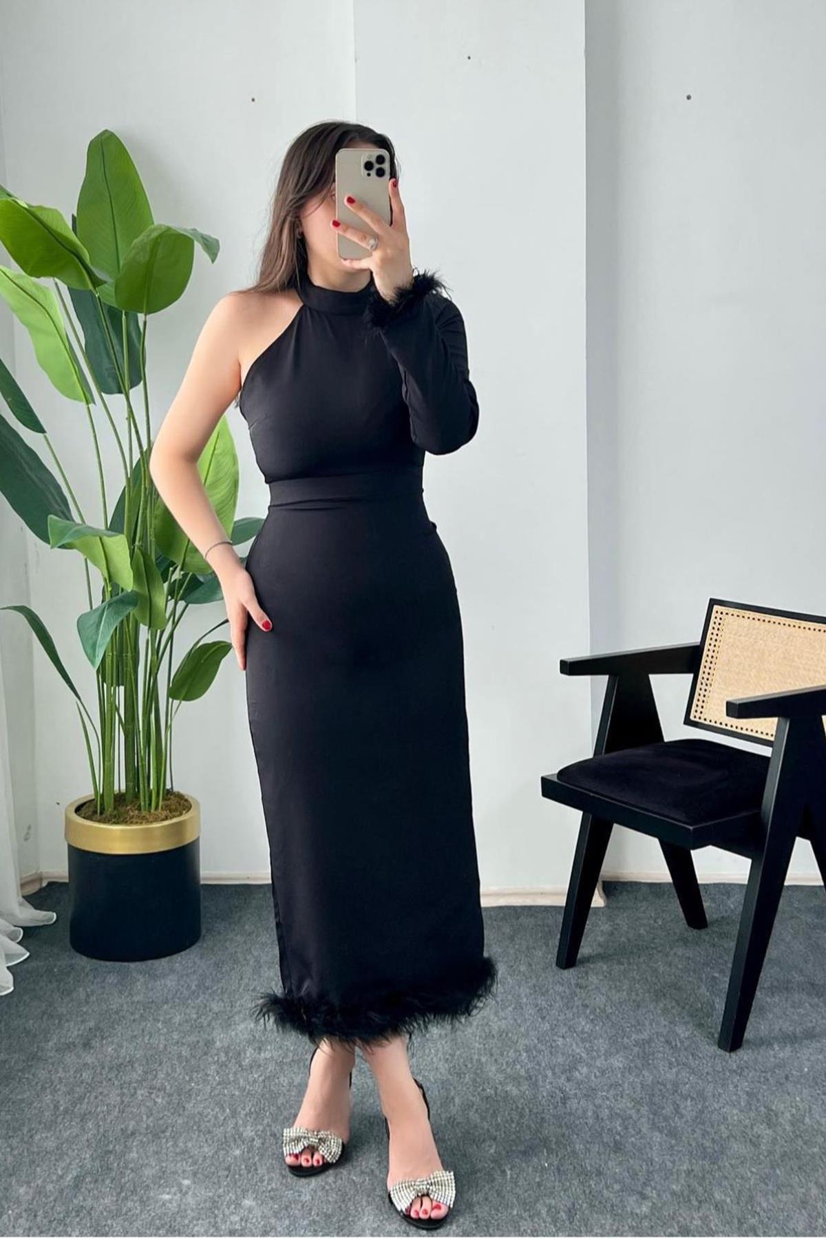 Toptan Siyah Eteği Tüllü Tek Kol Elbise Siyah L