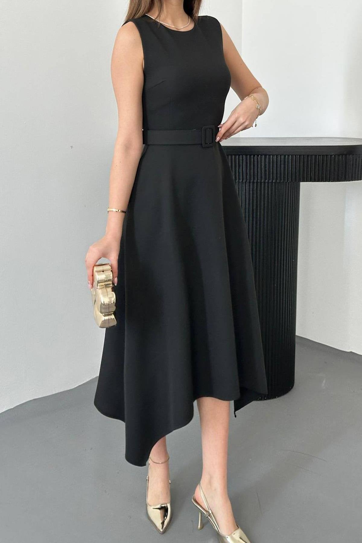 Toptan Siyah Etek Ucu Asimetrik Atlas Elbise