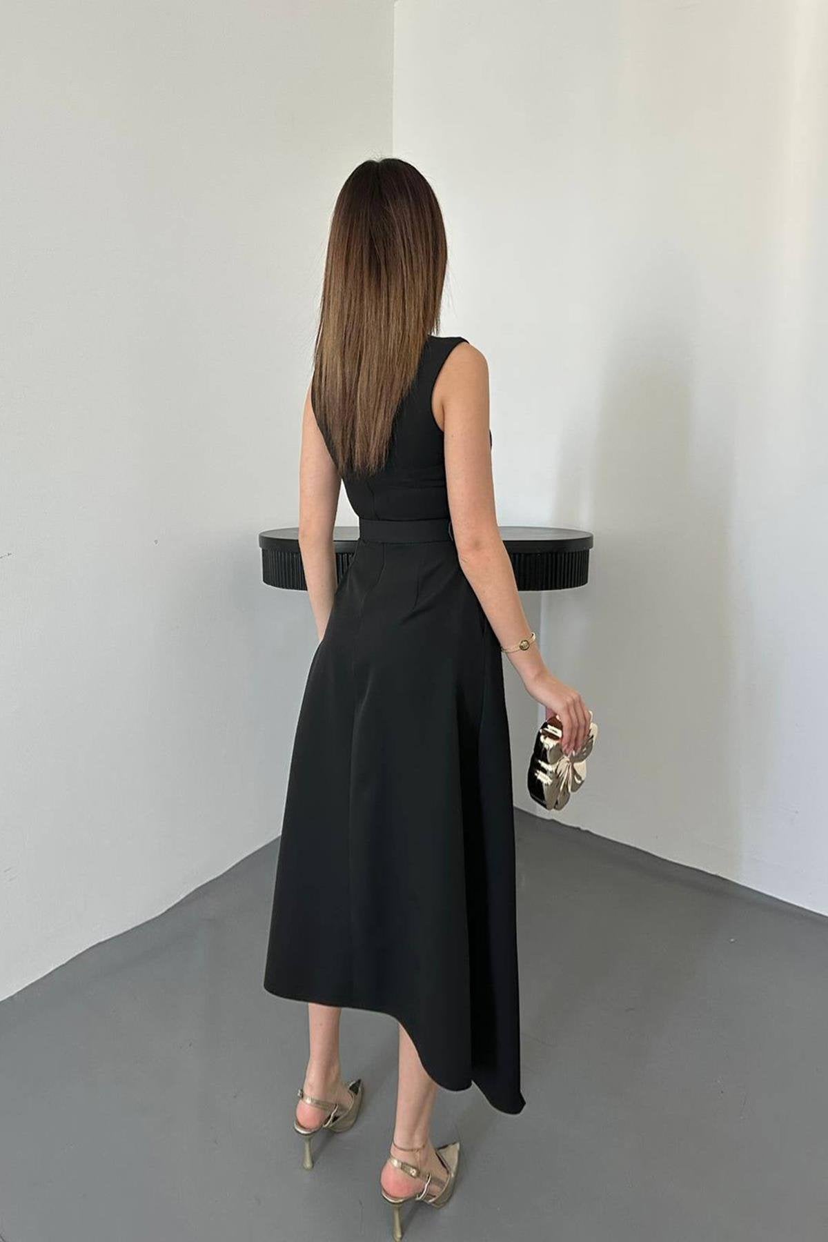 Toptan Siyah Etek Ucu Asimetrik Atlas Elbise