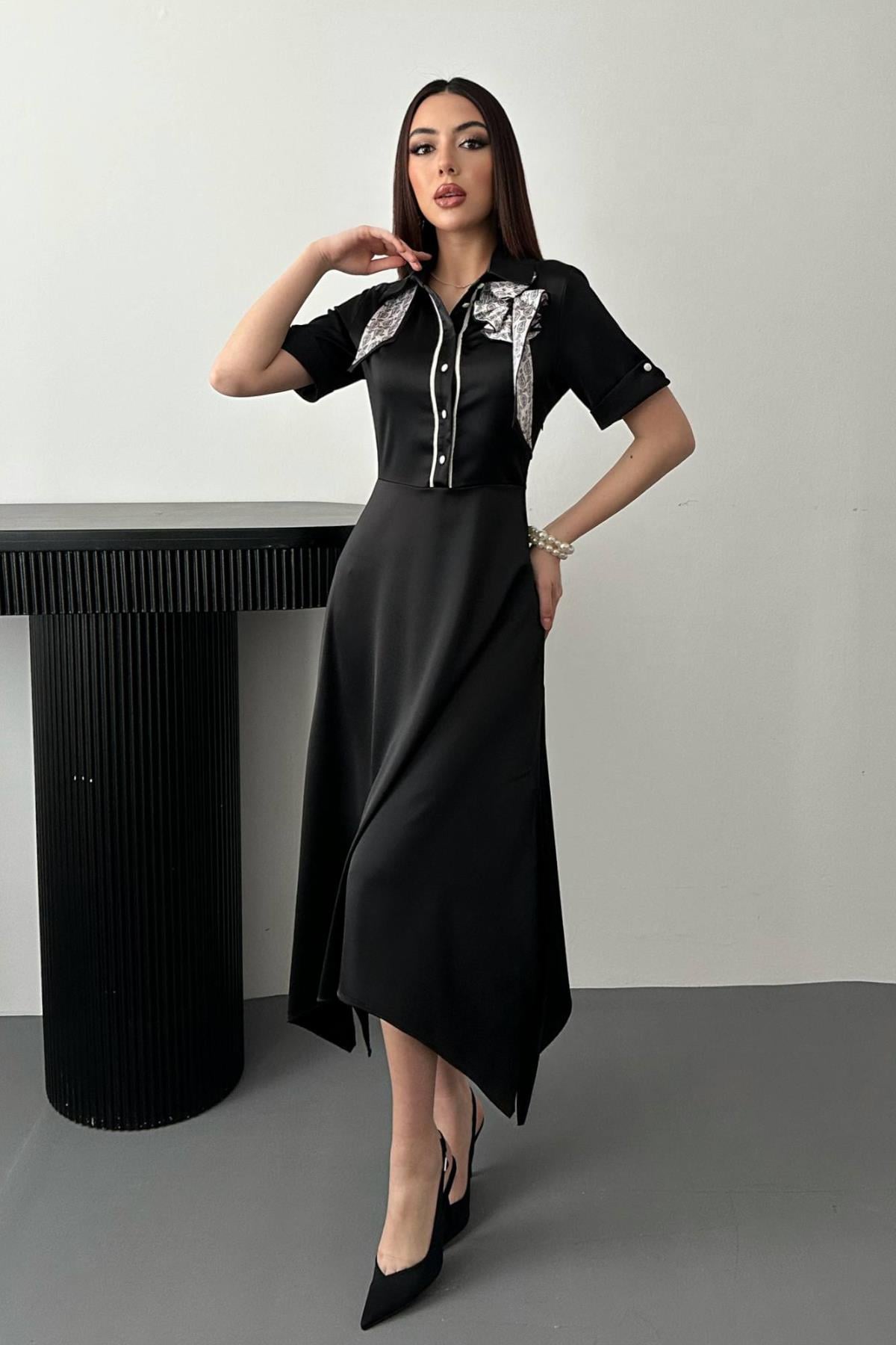 Toptan Siyah Fular Detaylı Saten Elbise Siyah L